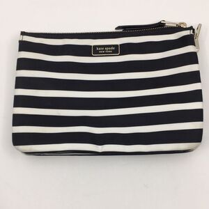 Kate Spade New York Black White Library Stripe Triple Gusset Clutch Makeup Pouch